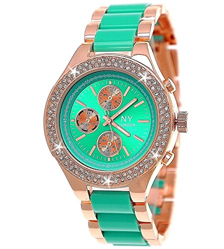 NY Designer Damenuhr Exclusive Damen Strass Uhr in Chronograph Optik Armbanduhr Trkis Rose Gold inkl.Uhrenbox
