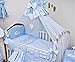 10 Piece Duvet, Cot Bumper Set / Nursery Bedding Sets with Canopy (to fit Cot 120x60cm, "Sleepy Bear" - Check Blue)