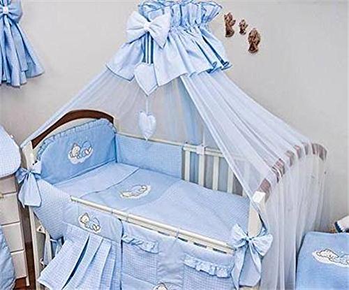 10 Piece Duvet, Cot Bumper Set / Nursery Bedding Sets with Canopy (to fit Cot 120x60cm, "Sleepy Bear" - Check Blue)
