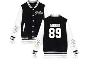 NCTCITY Stray Kids Kpop Sweat-Shirts Veste de Baseball à Manches Longues Boutons Avant Longue Pullover Yellow Wood Manche Loose Loisir Pull Tops Bang Chan Changbin Hyunjin Felix Jeongin Minho Woojin