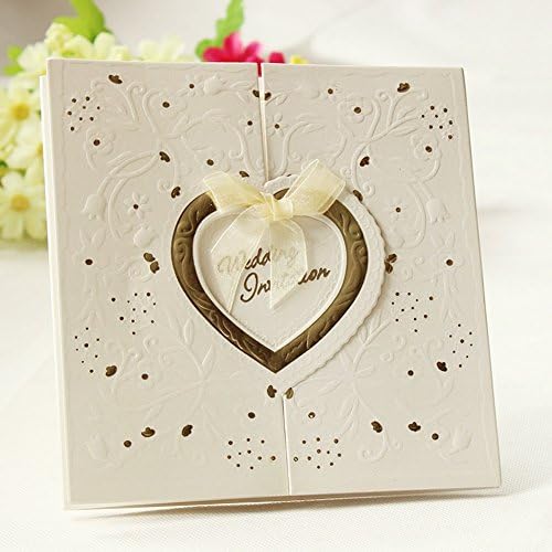 Set of 50 Embossed Gold Interlocking Heart Ivory Wedding Invitation With Organza Bows Party Invite Wedding Cards