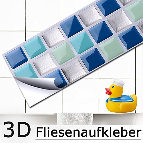 4er Set 25,3 x 5,4 cm Grandora Mosaik 3D Fliesenaufkleber W5195 selbstklebend Küche Bad Wandaufkleber Fliesendekor Folie blau türkis silber