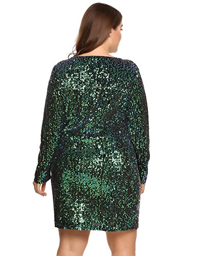 Busyall Damen langärmelig Abendkleid mit Pailletten V-Ausschnitt Partykleider Paillettenkleid Cocktailkleid, Grün, Gr. 42(16W) - 3