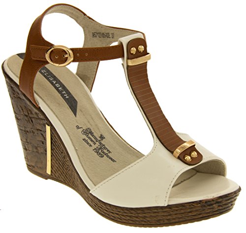 Elisabeth Womens White & Brown T-bar Sandals 7 UK (40 EUR)