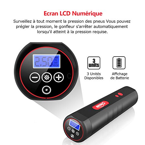 Oasser Compresseur d'Air Portatif Mini Compresseur Voiture Gonfleur Electrique Portable avec Manomètre et Batterie de Lithium Rechargeable de 2000mAh Intégrée 12V AC/DC 120PSI
