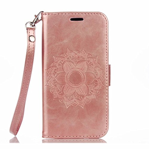 MUTOUREN Portemonnaie Handyhülle für Samsung Galaxy S7 Bookstyle Gürtelhändytasche Brieftasche PU Leder Wallet Case Cover Schutzhülle Hülle Etui mit Standfunktion Magnetverschluß Card Slots Kratzfeste Anti-scratch Premium Ledertasche Gepresste Blumen Indische Sonne Mandala Rosegold + Bleistift Touch Pen - 2