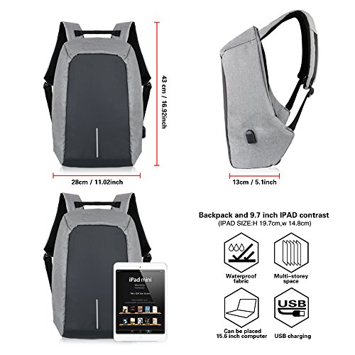 Gesch  ft Laptop Rucksack mit USB Lade-Schnittstelle  Yunplus Anti-Diebstahl Rei  verschluss Leicht Reise Daypack College Tasche mit Verstecktem Fach 