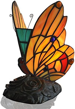 Nobeiyi lighting Tiffany Butterfly Table Lamp with Resin Base and Stained Glass Shade,Orange Colour,E14 Socket,9-Inch Height,Pack of 1