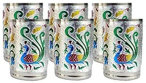Vishal Smart Mall Set of 6 Stain Less Steel Glass Indian Hand Made Meena Work Peacock Design Golden Silver Color Diwali Christmas Tumbler Gift Set Item (Silver)