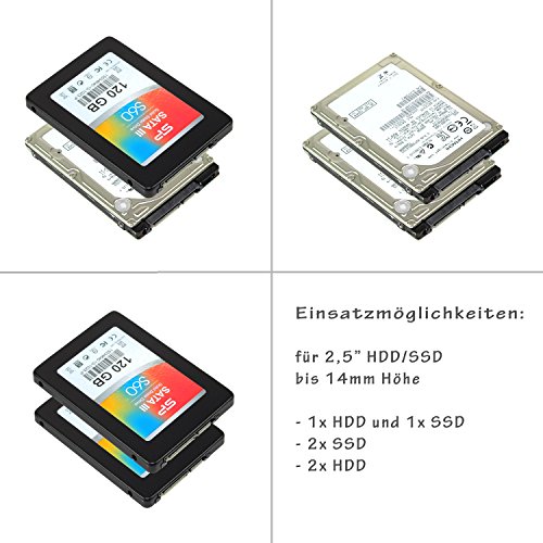 Rhombutech® Einbaurahmen für 2x 2,5 Zoll Festplatten oder SSD auf 3,5 Zoll – Metall – sehr stabil – optimiert für SSD – Halterung Schienen inkl. 12x Befestigungsschrauben - 7