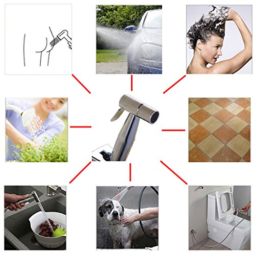 PHOEWON Toilette Bad Bidet Set SUS304 Rostfrei Edelstahl Duschkopf / Bidet Handbrause mit 1.5M Lange Bidet Schlauch und Klammer Halter, Shattaf Bidet Douche Spray Set – Helles Silber - 3