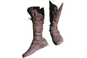 ORANDESIGNE Botas Medievales de Cuero PU Retro Mujeres Hombres Caballero Pirata Disfraz Tobillo Corto Botas de Fondo Plano Zapatos de Vendaje Gótico para Cosplay Fiesta de Carnaval