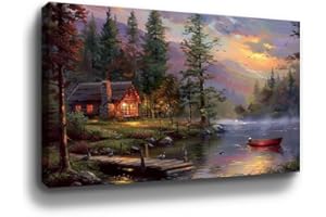 BOHU ARTS Thomas Kinkdade Painting Cottage Dock Kinkade Wall Art Framed Canvas Art Ready to Hang