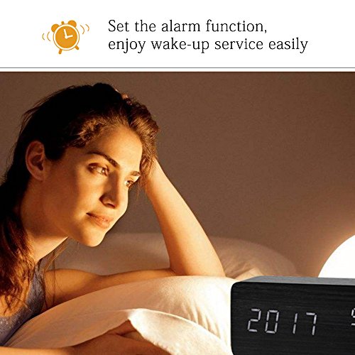 Holz LED-Design Digitaler Wecker, Datum Temperatur und Feuchtigkeitsanzeige, Sound-Sensor Wecker, 3 Stufen LED Helligkeit (Hölzernes Schwarz) - 7
