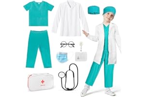 BNLIK Déguisement Docteur Enfant 9 Pièces: Carnaval Jeu d'imitation Docteur Kit Médecin Malette avec Stéthoscope Lunettes Manteau pour Garçon Fille 3 4 5 6 7 8 9 10 Ans-Costume de médecin pour Cosplay