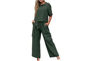 HAOLEI Set Lino Estivo Tuta Donna di Grandi Dimensioni Estate Set da 2 Pezzi e Pantaloni Lunghi con Coulisse Set di Due Pezzi di Lino e Cotone Leggero Confortevole da Casa Manica Corta T shirt + Pantaloni