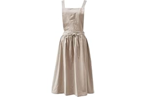 HRUNVC Cotton Linen Aprons Plain Japanese Style Women Art Flower Shop Clothing for Women Kitchen Cooking Aprons Retro Literature Bib Aprons Women with Large Pockets