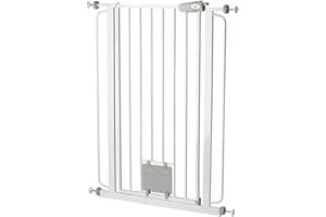 Bettacare Haustiergitter mit Verriegelbarer Katzenklappe, 75cm - 84cm, Weiß, 104cm in der Höhe, Extra Hohes Haustier Sicherheitsgitter mit Katzenklappe, Einfache Installation