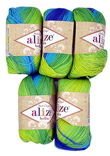 5 x 50 Gramm Baumwolle Farbverlauf mintgrün türkis blau Nr. 4150, 250 Gramm Wolle aus 100% Baumwolle, Strickwolle