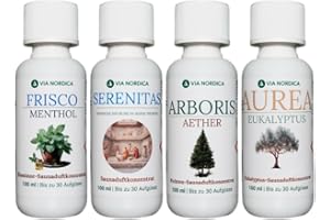 Saunaaufguss-Set: Fichtennadel, Eukalyptus, Minze | Aromata Latinum by Via Nordica | Serenitas, Aurea Eukalyptus, Arboris Aether & Frisco Menthol (4x100ml)