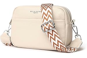 YILCER Cream Crossbody Bag for Women, Small Genuine Leather Camera Handbag Wide Strap Ladies Cross Body Bag, Pom Pom Bags Shoulder Purse with Adjustable and Removable Guitar Strap (B-Beige)