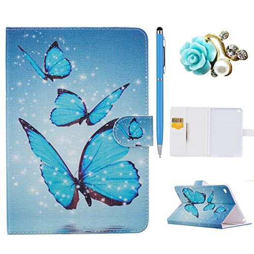 iPad Mini 4 Hülle,iPad Mini 4 Case - Felfy PU Ledertasche Luxe Bookstyle Flip Standfunktion Magnetverschluss Ledertasche Muster Eule Schmetterling Pfingstrose AugeBunte Malerei Retro Painted Abdeckung Schutzhülle Ablösbar Handliche Case Tasche Etui für Apple iPad Mini 4 (Eleganter Schmetterling) + 1 x Hellblau Blau Stylus + 1 x Blaue Blumen Dust Plug
