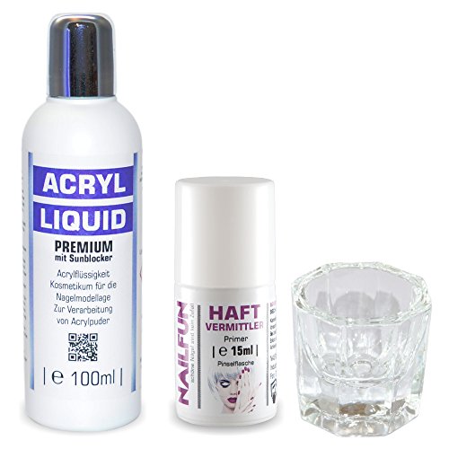 NAILFUN Acryl Starter und Auffüll Set No. 1 [ 3 x je 20g Acrylpuder weiss, klar, pink + 100ml Acryl-Flüssigkeit Liquid Premium + 5er Set Acryl Pinsel + Haftvermittler Primer 15ml u.v.m. ] – Acryl-Set für Nagelstudios - 2