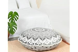 Popular Handicrafts Poszewka na poduszkę podłogową - hipisowska mandala poszewka na poduszkę duża - pokrowiec na puf okrągły bohema dekoracja do jogi, sitodruk, 81 cm, czarno-szara