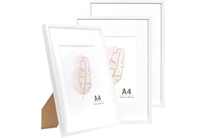 KAIWIN A4 Picture Frame White Set of 3, Wooden Poster Frame suitable for 6x8 with mat, 21X29.7 cm Picture Frames for Tabletop and Wall Mounting Display for Home, Office,Gallery,Holiday