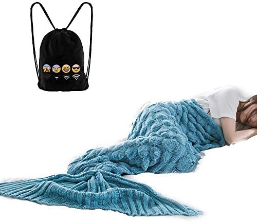 Mermaid Tail Blanket,Soft and Warm Bed Sofa Sleeping Bag Yarn Snuggle Mermaid Blanket 200×90cm Adult Size with 1*Drawstring Bag (Blue)