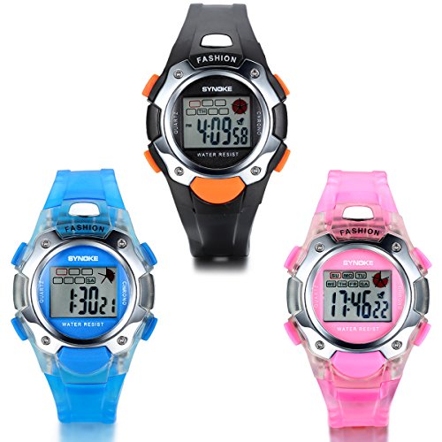 JewelryWe Kinder Armbanduhr, Mädchen Jungen Digital Elektronische Sport Uhren Schule Uhr mit Silikon Armband, Blau Pink Schwarz