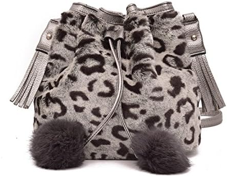 Female Plush Bucket Packet Korean Version Hand Carry Drawstring Shoulder Bag Will Messenger Bag,WhiteLeopard-OneSize
