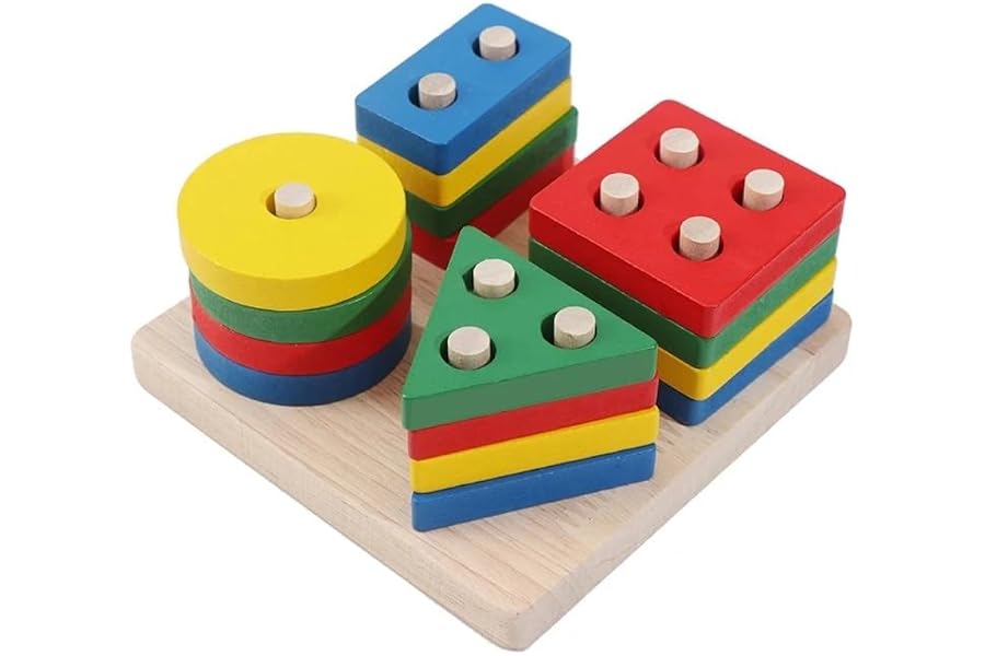 Montessori Wooden Shape Sorting Puzzle – 4-Stack Geometric Toddler Toy 12–36 Months – Water-Based Paint