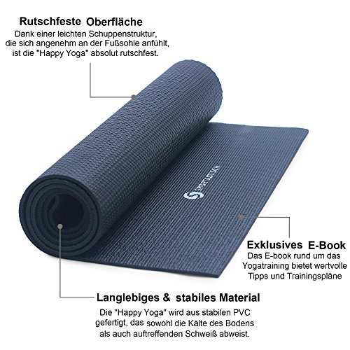 Premium Yogamatte „Happy Yoga“ von Sportastisch :: Farbe: SCHWARZ :: 100% recyclebares, schadstofffreies Material :: extra breite Fitnessmatte mit 183 cm :: besonders weiche Sportmatte mit einer Stärke von 7mm :: rutschfeste Gymnastikmatte dank MEMORY EFFEKT PVC :: Markenqualität, ideal Einsteiger oder Profis :: exzellent geeignet für Yoga, Pilates und Gymnastik :: Exklusives Design für Damen und Herren:: KOSTENLOSER BONUS: eBook Yogatraining :: inklusive 3 Jahren Sportastisch Produktgarantie - 2
