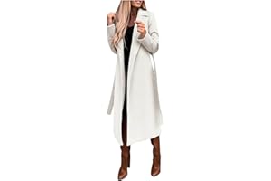 EMUKFD Womens Classic Coat Lapel Collar Open Front Belted Long Jacket Autumn Winter Mid-Length Coat Solid Color Outwear Winter Warm Trench Coat for Women Oversized Long Jacket