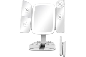 JR JUMIAR Folding LED Makeup Mirror with 3X/2X/1X/10x Magnification, Tri-fold Vanity Mirror with 70 LED Lights & Touch Screen, 180° Rotation, 3 Colors Modes Dimmable, Dual Power Supply Travel Cosmetic Mirror