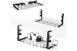 Baskiss 2 Packs Cable Management Tray, 40 cm Under Desk Cord Organizer with Clamp Mount for Wire Management, Foldable Handle Metal Holder for Desks, Offices, Kitchens, No Need to Drill Holes (Black)