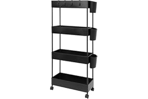 JAKAGO Carrito de Almacenamiento Estrecho con Ruedas (4 Niveles) para Espacios Pequeños, con 3 Cajas Colgantes y 8 Ganchos para Salón Comedor Cocina Baño 40x18x90cm-Negro
