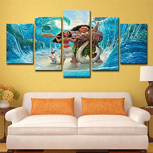 LFLONG Prints On Canvas, Wall Art Poster 5 Panel Wall Decor Moana Ocean Romance HD for Home And Children's Room Wall Decorations (No Frame),L