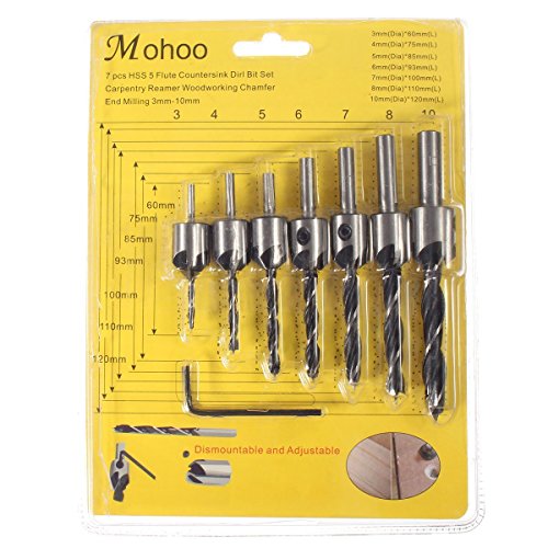 Mohoo 7Pcs HSS Flute Countersink Drill Bit Set Reamer Woodworking Chamfer Twist Shank Auger Drilling Drill Bit Tool for Wood Metal Aluminum Drilling Usage 3mm-10mm - 7