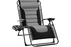 Aafan Extra Wide Zero Gravity Chair Sun Lounger Folding Garden Recliner With Padded Seat Heavy Duty Adjustable Camping Reclining Chairs with Cup Holder (Grey)