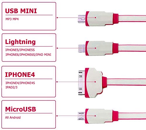 Multi Ladekabel Premium ausziehbar leicht kämmbar sind 4 in 1 chjgd Universal USB-Ladegerät Kabel Adapter eingangsanschluss kompatibel mit Apple und Android Geräte Jahr Garantie (rot) - 4