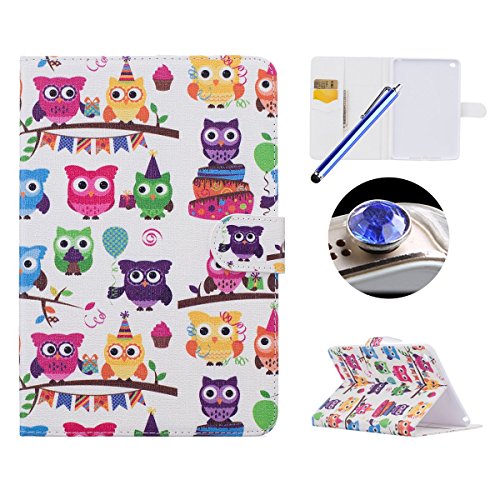 Etsue für iPad Air/iPad 5 [Cartoon Eule Blatt] Leder Tasche Hülle Etui Muster, Bunte Niedlich Painted Ständer Tasche Schutzhülle Smart Shell Wallet Case Magnetverschluss Bookstyle Ledertasche Brieftasche Hülle mit Kartenfächern für iPad Air/iPad 5 + 1x Glitzer Staub Stecker + 1x Blau Eingabestift-Owl Leaf