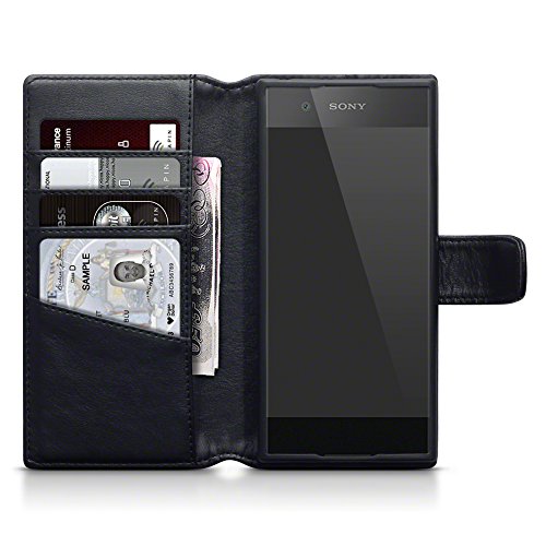 Sony Xperia XA1 Funda Cartera de aut  ntico cuero  tapa delantera con billetera para tarjetas  adaptable en posicion horizontal - Negro oscuro