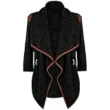 Kavitoz Damen Lightweight Asymmetrisch Offene Mantel Strickjacke Cardigan Strickmantel mit Tasche (XXXL, Schwarz)