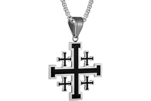 Flongo Herren Jerusalem Kreuz Kette: Edelstahl Halskette mit religiöser Anhänger schwarz silber Christlicher Kreuzritter Schmuck Tauf Amulett cross chain necklace Geschenk für Männer Damen Vater