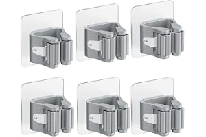 HANNEA® 6 PCS Broom Holder Wall Mount Mop Grippers, Self Adhesive Non-Slip Mop Holder, Pull-in Mop Roller Holders for Kitchen, Bathroom, Office, Garage Storage