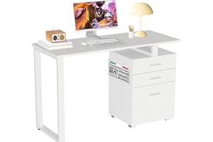 BAKAJI Scrivania con Cassettiera 3 Cassetti Tavolo da Lavoro Porta Pc Computer in Legno con Struttura in Acciaio Design Moderno 120 x 50 x 75 cm Arredamento Casa Ufficio Cameretta (Bianco)