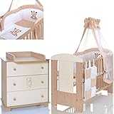 BÄR Beige Babyzimmer Möbel Komplettset mit Kinderbett 120x60 Wickelkommode 9 teiligen Bettwäsche Set creme weiss