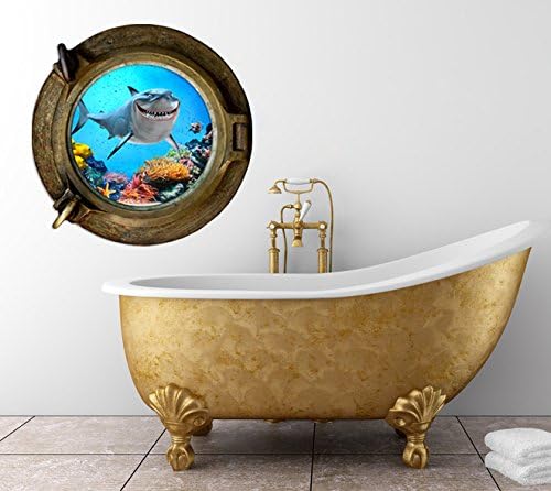Undersea shark fish porthole view wall sticker home bathroom art decor mural children's room decor decal Peel &amp; Stick
